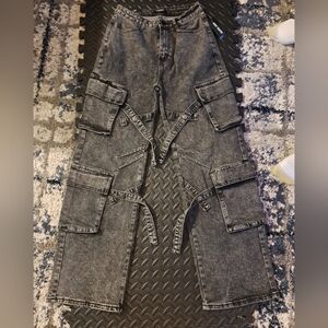 Acid Wash Cargo Denim Pants